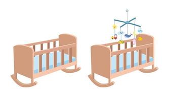 Wooden baby cradle clipart. Simple cute cradle with baby mobile hanging toy flat vector illustration. Baby crib cradle bed children's bedroom cartoon hand drawn. Kids, baby shower, nursery decoration