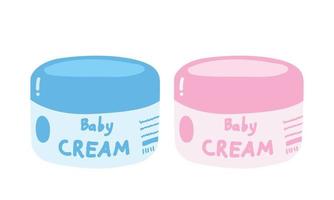 Baby cream bottle clipart. Simple cute blue and pink bottle of baby cream with label flat vector illustration. Plastic bottles of baby cosmetic products cartoon style