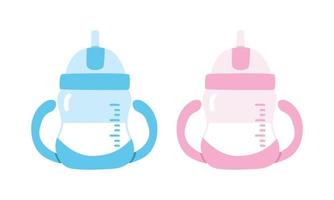 Vector set of blue and pink baby sip cup clipart. Simple cute baby water bottle for children drinking flat vector illustration. Baby sip cup cartoon style. Toddler feeding bottle for baby boy and girl