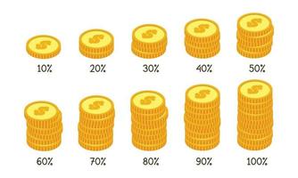 conjunto de pila de monedas isométricas para la ilustración de diseño de vector de imágenes prediseñadas de infografía de porcentaje moderno. diagramas de cilindros simples en forma de monedas icono plano estilo de dibujos animados. del 10 al 100 por ciento