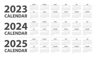 2023, 2024, 2025 calendar vector illustration. Simple classic monthly calendar for years 2023, 2024, 2025. The week starts on Sunday. Minimalist calendar planner year 2023 and 2024 and 2025 template