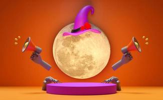 3d cylinder stage podium, hand of a undead hold megaphone holiday party with full moon, witch hat isolated on orange background. marketing shopping, promotion news concept, 3d render illustration photo