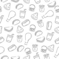 Fast foods doodle seamless doodle pattern with a black and white color suitable for background vector