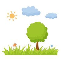 Simple hand drawn vector landscape. Cartoon flat childish illustration with clouds, tree, lawn and grass