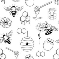 Honey bee, beehive, honeycomb on white. Insect in hand drawn style. Vector monochrome doodle seamless pattern