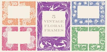 Vintage floral frame and borders set of 5. Design elements for use on herbal products, menus, brochures, book covers, packaging design and invitations. vector