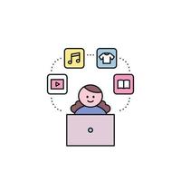 A cute character is using a computer and various icons are floating around her. outline simple vector illustration.