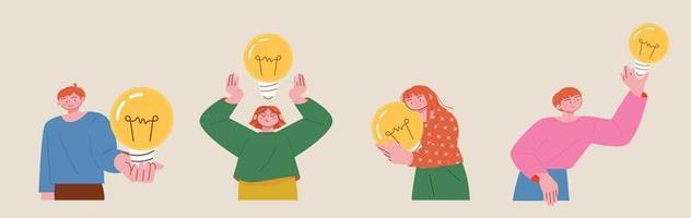 People holding large light bulbs in their hands and making various gestures. flat vector illustration.