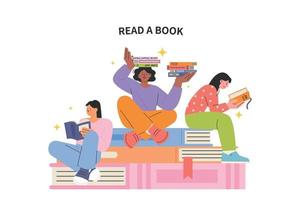 People are sitting and reading books on large piles of books. flat vector illustration.