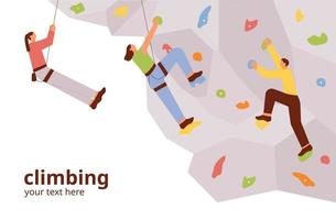People are doing indoor rock climbing. flat vector illustration.