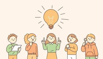People are gathering and coming up with ideas while looking at the large light bulb above their heads. outline simple vector illustration.