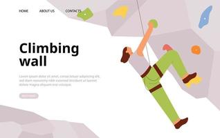 Rock climbing webpage template. A person is doing indoor rock climbing. flat vector illustration.