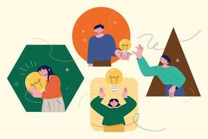 People are sticking out in shapes of various shapes. They are holding or hugging a light bulb in their hand. flat vector illustration.