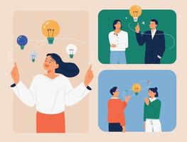 Business team members are having a conversation. Light bulbs float around them. flat vector illustration.