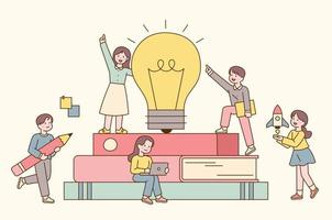 A large book is piled up, and a light bulb is lit on top of the book. The students are climbing the bookshelf. outline simple vector illustration.