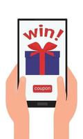 A win. Phone in hand. On the screen there is an inscription winner and an image of a gift box with a ribbon bow. A button labeled coupon. Concept . Vector illustration