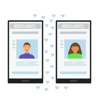 Dating site. Two smartphones with a dating site application. Profiles of men and women matching each other. Cartoon. Vector illustration