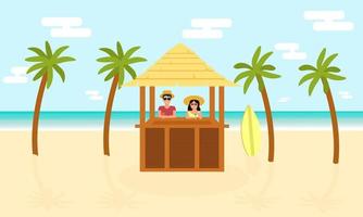 Summer bar on the ocean. A man and a woman drink cocktails. Flat. Vector illustration