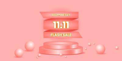 shopping day 11 11 banner with pink cylinder podium. 3d, simple and elegant style. use for background, promotion, poster and flyer vector