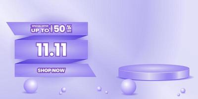 global shopping day 11 11 special offer up to 50 percent banner. abstract background with blue cylinder podium and text. 3d, simple and colorful style. use for background, event, promotion and poster vector