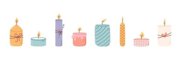 Set of different decorative scented candles in candlesticks for relaxation and spa. Vector flat illustration