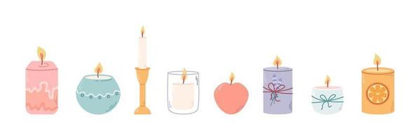 Set of different decorative scented candles in candlesticks for relaxation and spa. Vector flat illustration