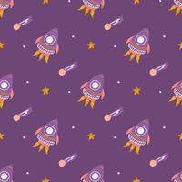 Rockets with stars on purple background, vector seamless pattern, children's print for fabric, paper products