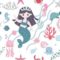 cute mermaid girls and undersea animals, cartoon style childish seamless pattern vector