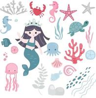 Set cute mermaid girls and undersea animals, crab, shells, seaweed and sea stars vector