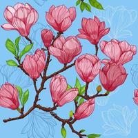 pink blossom magnolia flowers on a blue background , seamless pattern. hand drawn illustration vector