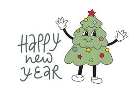 Cartoon Christmas tree mascot character 40s, 50s, 60s old animation style with Happy New Yera sign. vector