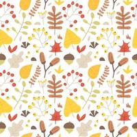 Autumn seamless pattern of leaves, twigs, acorns, branches and berries. Seasons vector illustration, september, october and november atmosphere. Texture from cute hand drawn plants, botanical elements
