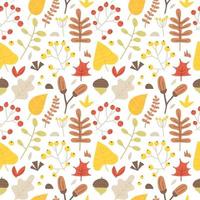 otoño de patrones sin fisuras de hojas, ramitas, bellotas, ramas y bayas. temporadas ilustración vectorial, ambiente de septiembre, octubre y noviembre. textura de lindas plantas dibujadas a mano, elementos botánicos vector