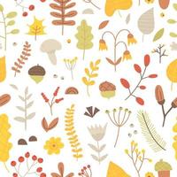 Seamless pattern of autumn leaves, mushrooms, acorns, twigs, branches, berries, herbs and flowers. Vector abstract background of cute hand drawn plants. Trendy texture from doodle botanical elements