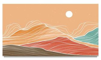 Creative minimalist hand painted illustrations of Mid century modern. Natural abstract landscape background. with line art, mountain, sky, sun. vector illustration