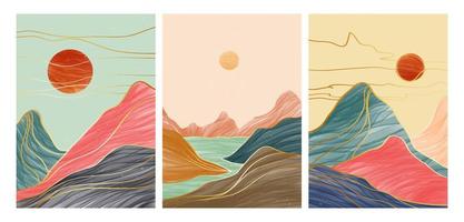 conjunto de paisajes montañosos con arte lineal, montaña, puesta de sol y río. abstracto montaña contemporáneo estética fondos paisajes. ilustraciones vectoriales vector