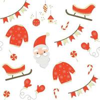 Cute cartoon character and christmas elements seamless pattern with Santa, Sleigh, Warm Clothes, Decoration and Sweets on white background vector