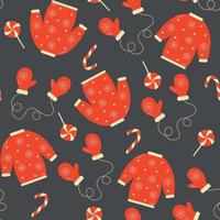 Winter seamless pattern with knitted jumpers and mittens. Cute vector background with ugly sweaters. Repeating texture for New Year holidays. Christmas ornament.