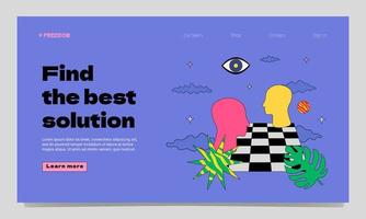 A landing page template with a futuristic illustration, multicolored human profile on a chessboard, textured shapes around. vector