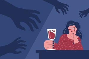 Depressed frustrated drunk woman with a glass of wine. The hands reaching out to her from the darkness are symbols of trauma, addiction, psychological disorder. vector