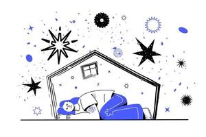 A young frightened woman is lying at home, a symbol of social phobia, depression, panic attack, ptsd. vector