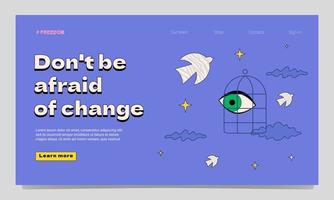 A landing page template with an eye in a cage around it, birds and clouds, a symbol of change, creativity, development, breaking patterns, improving talents. vector