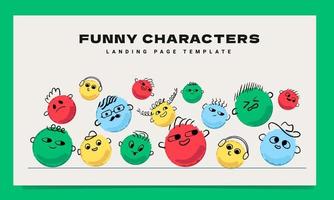 Landing page template with colorful funny round ragged characters. vector