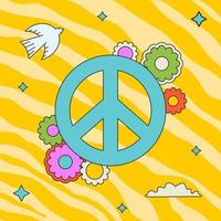 Colourful groovy illustration with pacificus sign and flowers. Hippy outlined sticker. vector
