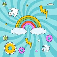 Colourful groovy illustration with rainbow, dove, lights and flowers. Hippy outlined patch. vector