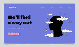 A landing page template with a human profile surrounded by clouds and stars. Design for a psychotherapeutic, coaching website. vector