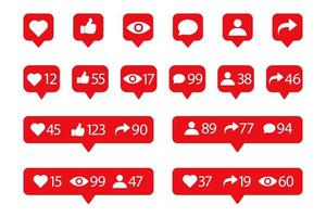 paquete de iconos de botones de redes sociales. me gusta, comentar, seguir, ver, signo de usuario, símbolo del corazón, volver a publicar, icono de aprobación. reacciones en redes sociales. vector