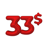 Pricing 3D number Mental Red 33 dollar png