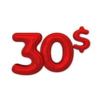 Pricing 3D number Mental Red 30 dollar png