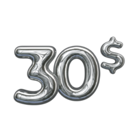 Pricing 3D number Mental Silver 30 dollar png